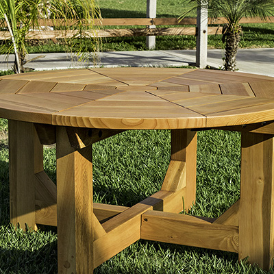 Mandala Patio Table (Options: 5' Diameter, No Seating, Douglas-fir, Rounded Design, No Lazy Susan, Standard Tabletop, No Umbrella Hole, Transparent Premium Sealant).