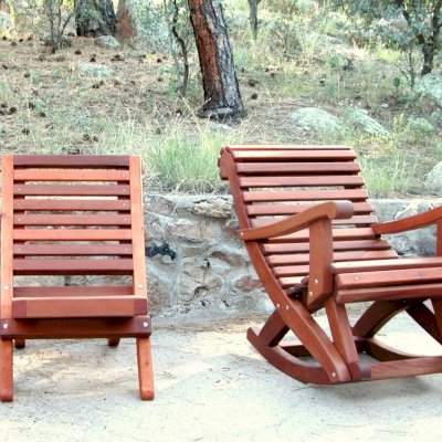 COMPARISON: Portable Beach Chair and The Ensenada Rocker. Both in Old Growth with Transparent Premium Sealant.