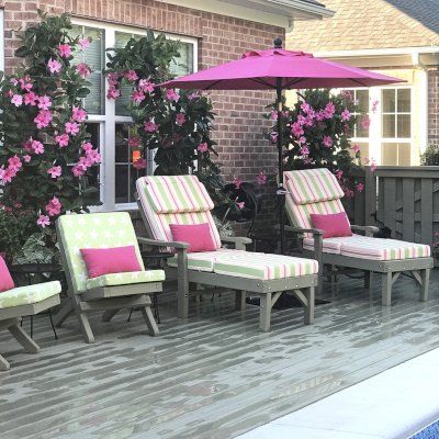 Portable Beach Chair (Options: Douglas-fir, Sherwin Williams, SW7737 Meadow Trail Stain by Custom Request). Photo also shows 2 Wood Pool Loungers. Photo Courtesy of Pamela Fortier of Chapel Hill, North Carolina.