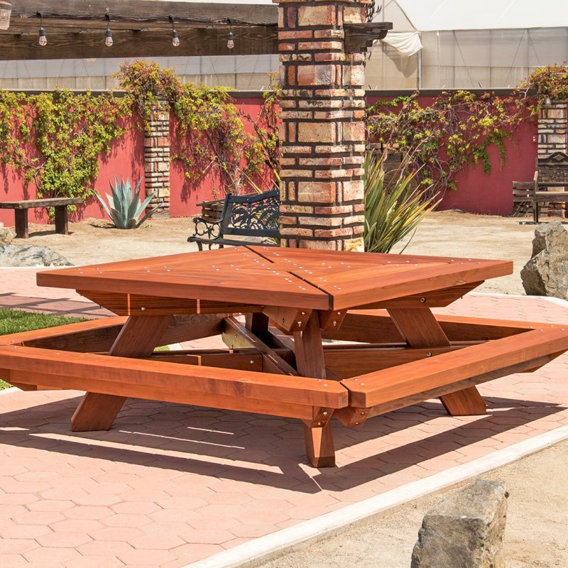 The Sea Ranch Picnic Table (options: 6ft x 6ft tabletop size, California Redwood, Slightly Rounded Corners (1/2-in radius), Transparent Premium Sealant). The Sea Ranch Picnic Table (options: 6ft x 6ft tabletop size, California Redwood, Slightly Rounded Corners (1/2-in radius), Transparent Premium Sealant).