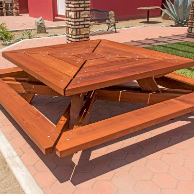 The Sea Ranch Picnic Table  (options: 6ft x 6ft tabletop size, California Redwood, Slightly Rounded Corners (1/2-in radius), Transparent Premium Sealant).