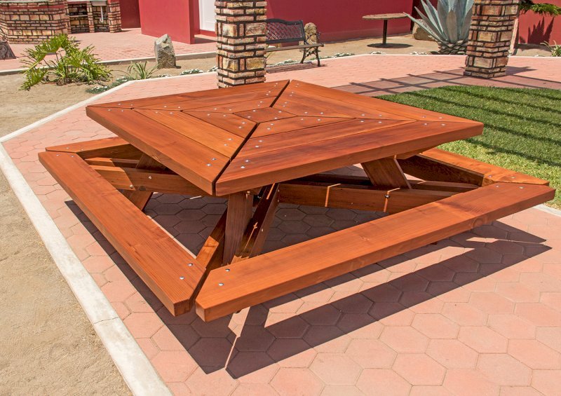 The Sea Ranch Picnic Table (options: 6ft x 6ft tabletop size, California Redwood, Slightly Rounded Corners (1/2-in radius), Transparent Premium Sealant). The Sea Ranch Picnic Table (options: 6ft x 6ft tabletop size, California Redwood, Slightly Rounded Corners (1/2-in radius), Transparent Premium Sealant).
