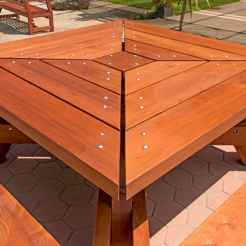 The Sea Ranch Picnic Table (options: 6ft x 6ft tabletop size, California Redwood, Slightly Rounded Corners (1/2-in radius), Transparent Premium Sealant). The Sea Ranch Picnic Table (options: 6ft x 6ft tabletop size, California Redwood, Slightly Rounded Corners (1/2-in radius), Transparent Premium Sealant).