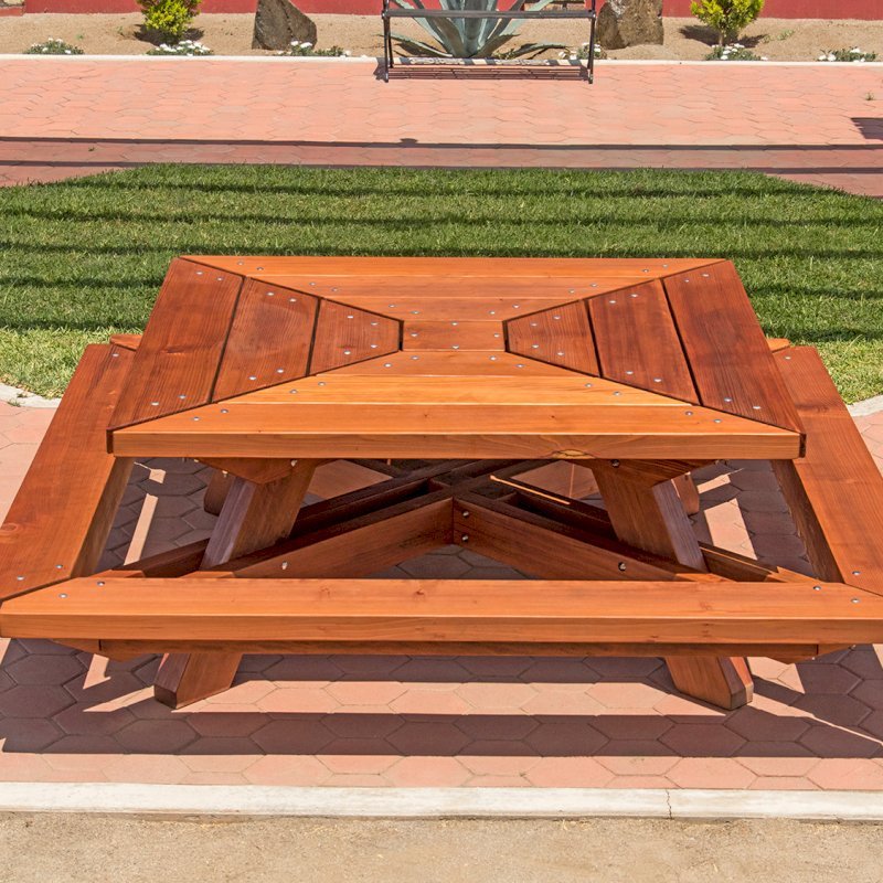 The Sea Ranch Picnic Table (options: 6ft x 6ft tabletop size, California Redwood, Slightly Rounded Corners (1/2-in radius), Transparent Premium Sealant). The Sea Ranch Picnic Table (options: 6ft x 6ft tabletop size, California Redwood, Slightly Rounded Corners (1/2-in radius), Transparent Premium Sealant).