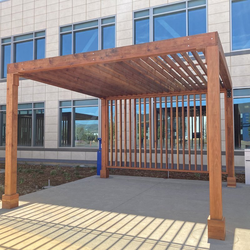 The Silverado Modern Pergola (Options: 16' L, 16' W, 8" Roof Rafter Spacing, California Redwood, 10.5' H Posts, 4-Post Anchor kit for Concrete, with 1 Custom Panel, Transparent Premium Sealant). Photo Courtesy of S. Barragan of Milpitas, California. The Silverado Modern Pergola (Options: 16' L, 16' W, 8" Roof Rafter Spacing, California Redwood, 10.5' H Posts, 4-Post Anchor kit for Concrete, with 1 Custom Panel, Transparent Premium Sealant). Photo Courtesy of S. Barragan of Milpitas, California.