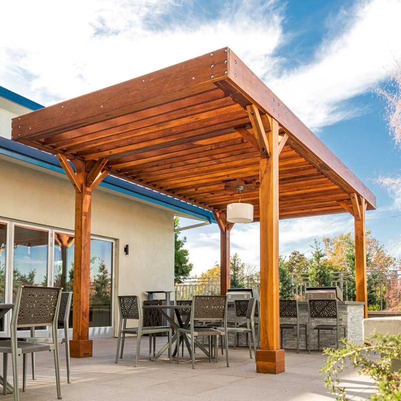 The Silverado Modern Pergola (Options: 20' L, 12' W, Douglas-fir, 1 Electrical Wiring Trim, 7 1/4" x 7 1/4" Posts, No Privacy Panels, No Curtain Rods, 1 Ceiling Fan Base, 10' Post Height, Transparent Premium Sealant). Photo Courtesy of J. Holtfreter of San Jose, California. The Silverado Modern Pergola (Options: 20' L, 12' W, Douglas-fir, 1 Electrical Wiring Trim, 7 1/4" x 7 1/4" Posts, No Privacy Panels, No Curtain Rods, 1 Ceiling Fan Base, 10' Post Height, Transparent Premium Sealant). Photo Courtesy of J. Holtfreter of San Jose, California.