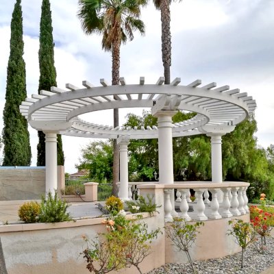 Custom Sky Arbor (Options:  360 Full Circle by Custom Request, 12' Diameter, No Privacy Panels, Douglas-Fir, No Electrical Wiring Trim Kit, 4-Post Anchor Kit for Concrete, Off-White Oil-Based Primer). 