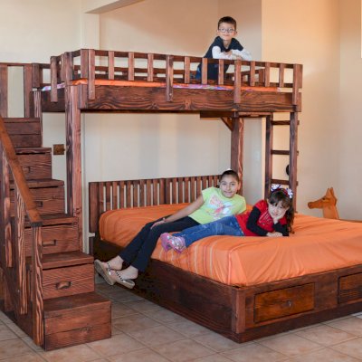 The Stairway Bunk Sets (Options: Twin Top Bed, Queen Bottom Bed, Redwood, Stairway with Drawers on South and Ladder on North, Standard Headboard, Add 2 Drawers to Bottom Bed, Standard Safety Rails, Coffee-Stain Premium Sealant).