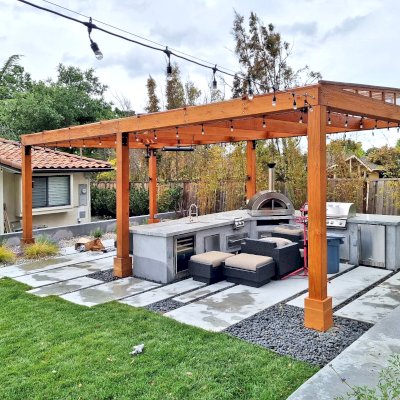 The Sun Pergola (Options: 28' L x 15' W, With Rainguard, No Privacy Panel, Douglas Fir, No Curtain Rods, No Ceiling Fan Base, No TV Mounts, No Accessory Bases, 10.5ft Posts Height, Electrical Wiring Trim Kit for 4 Posts, 6-post high-wind Anchor Kit, Transparent Premium Sealant .)
