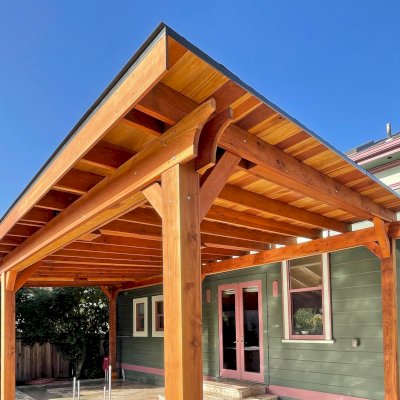 The Sunset Patio Pavilion (Options: 35' x 18', California Redwood, 9ft H, 3 Electrical Wiring Trims, 6-Post Anchor Kit for High-Wind, No Post Decorative Trim, 4 Ceiling Fan Bases, No Curtain Rods, Transparent Premium Sealant). Photo Courtesy of L. Shelton of San Jose, California.