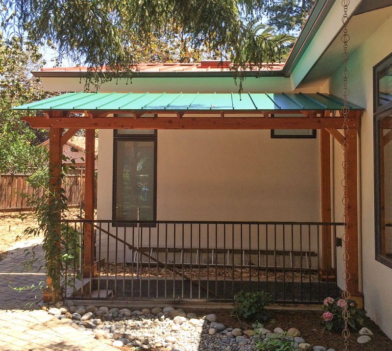 The Sunset Patio Pavilion (Options: 16' L x 9' W, No Privacy Panels, California Redwood, 9ft H, No Electrical Wiring Trim, 4-post Anchor Kit for Concrete, No Post Decorative Trim, No Ceiling Fan Base, No Curtain Rods, Transparent Premium Sealant). Photo Courtesy of S. Aber. The Sunset Patio Pavilion (Options: 16' L x 9' W, No Privacy Panels, California Redwood, 9ft H, No Electrical Wiring Trim, 4-post Anchor Kit for Concrete, No Post Decorative Trim, No Ceiling Fan Base, No Curtain Rods, Transparent Premium Sealant). Photo Courtesy of S. Aber.