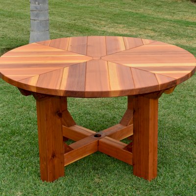 The Sunset Patio Tables (Options: 4.5' Diameter, Table Alone, California Redwood, Standard Tabletop, No Lazy Susan, Umbrella Hole, Transparent Premium Sealant).