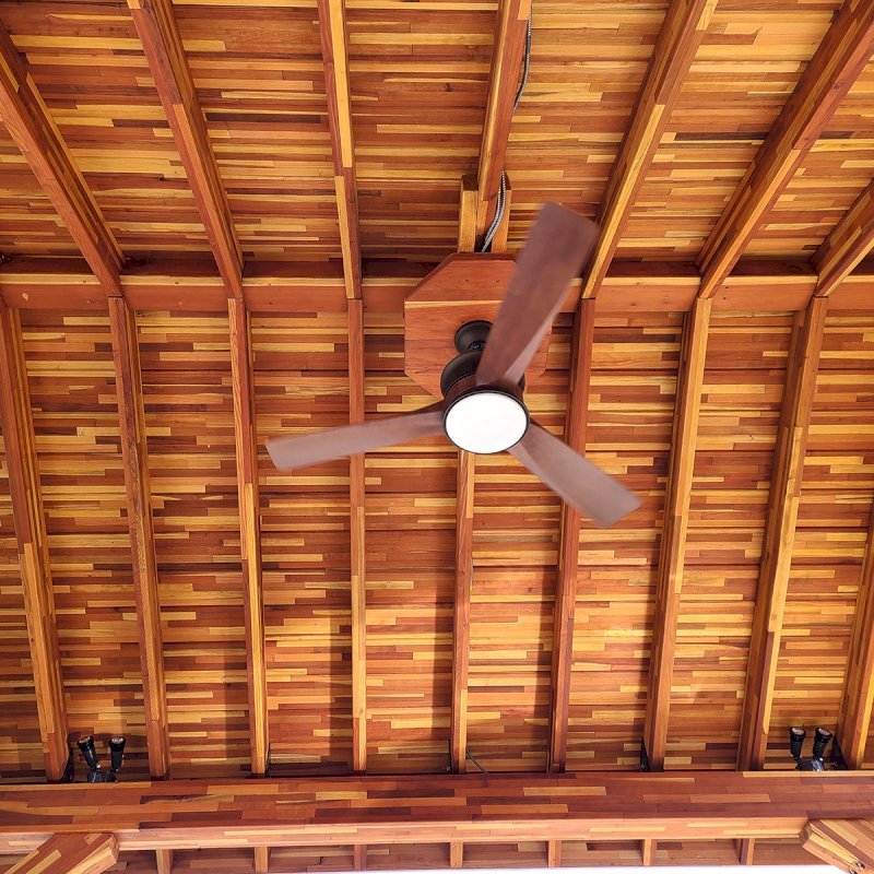 The Thick Timber Toledo Wood Pavilion (Options: 16' L x 14' W, Mosaic Eco-Wood, 4-Post Anchor Kit for High-Wind, Electrical Wiring Trim for 1 Post, 8 x 8 Supports and Posts, 8 x 8 Rafters, 1 Fan Base, Transparent Premium Sealant). Photo Courtesy of A. Shaver of Rogers, Arkansas. The Thick Timber Toledo Wood Pavilion (Options: 16' L x 14' W, Mosaic Eco-Wood, 4-Post Anchor Kit for High-Wind, Electrical Wiring Trim for 1 Post, 8 x 8 Supports and Posts, 8 x 8 Rafters, 1 Fan Base, Transparent Premium Sealant). Photo Courtesy of A. Shaver of Rogers, Arkansas.