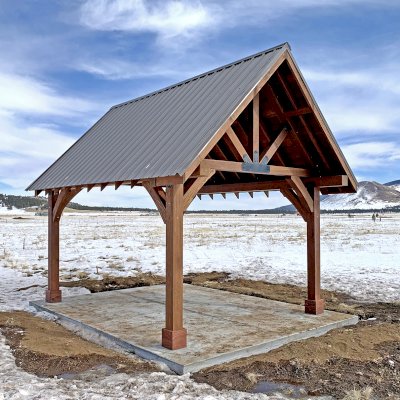 Thick Timber Toledo Wood Pavilion (Options: 16' L x 12' W, Mature Redwood, Custom Roof Pitch, 4-Post Anchor Kit for High-Wind, No Electrical Wiring Trim, 8 x 8 Supports and Posts, 8 x 8 Rafters, No Fan Base, Transparent Premium Sealant).