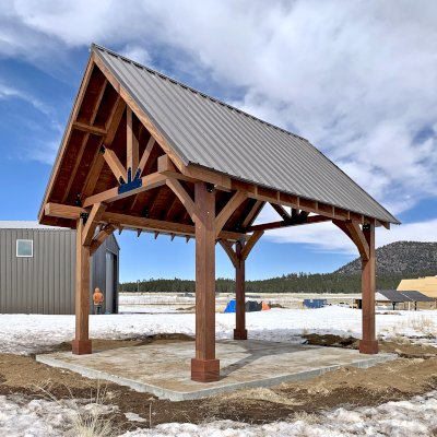 Thick Timber Toledo Wood Pavilion (Options: 16' L x 12' W, Mature Redwood, Custom Roof Pitch, 4-Post Anchor Kit for High-Wind, No Electrical Wiring Trim, 8 x 8 Supports and Posts, 8 x 8 Rafters, No Fan Base, Transparent Premium Sealant).