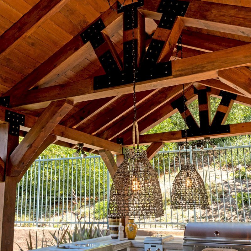 The Thick Timber Toledo Wood Pavilions (Options: 22' L x 14' W, Douglas-fir, 6-Post Anchor Kit for Gale-Wind, Electrical Wiring Trim for 1 Post, 8 x 8 Supports and Posts, 8 x 8 Rafters, No Fan Bases, Coffee-Stain Premium Sealant). Photo Courtesy of M. Moffitt Jackson of Foothills Ranch, California. The Thick Timber Toledo Wood Pavilions (Options: 22' L x 14' W, Douglas-fir, 6-Post Anchor Kit for Gale-Wind, Electrical Wiring Trim for 1 Post, 8 x 8 Supports and Posts, 8 x 8 Rafters, No Fan Bases, Coffee-Stain Premium Sealant). Photo Courtesy of M. Moffitt Jackson of Foothills Ranch, California.