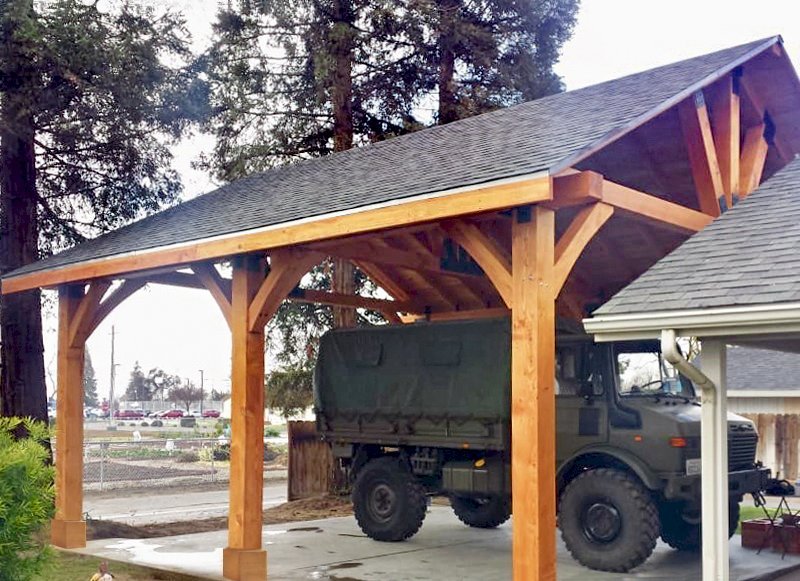 The Thick Timber Toledo Wood Pavilions (Options: 27' L x 25' W, Douglas-fir, 6-Post Anchor Kit for Gale-Wind, Electrical Wiring Trim for 2 Posts, 8 x 8 Supports and Posts, 8 x 8 Rafters, 2 Fan Bases, Transparent Premium Sealant). Photo Courtesy of T. Lane of Kingsburg, CA. The Thick Timber Toledo Wood Pavilions (Options: 27' L x 25' W, Douglas-fir, 6-Post Anchor Kit for Gale-Wind, Electrical Wiring Trim for 2 Posts, 8 x 8 Supports and Posts, 8 x 8 Rafters, 2 Fan Bases, Transparent Premium Sealant). Photo Courtesy of T. Lane of Kingsburg, CA.