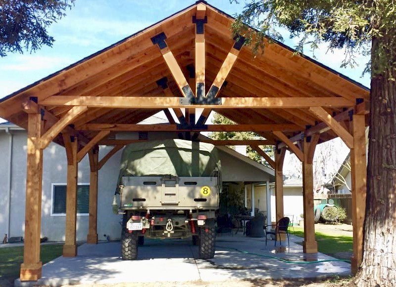 The Thick Timber Toledo Wood Pavilions (Options: 27' L x 25' W, Douglas-fir, 6-Post Anchor Kit for Gale-Wind, Electrical Wiring Trim for 2 Posts, 8 x 8 Supports and Posts, 8 x 8 Rafters, 2 Fan Bases, Transparent Premium Sealant). Photo Courtesy of T. Lane of Kingsburg, CA. The Thick Timber Toledo Wood Pavilions (Options: 27' L x 25' W, Douglas-fir, 6-Post Anchor Kit for Gale-Wind, Electrical Wiring Trim for 2 Posts, 8 x 8 Supports and Posts, 8 x 8 Rafters, 2 Fan Bases, Transparent Premium Sealant). Photo Courtesy of T. Lane of Kingsburg, CA.