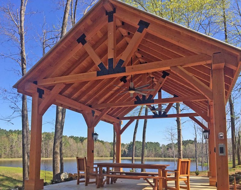 The Thick Timber Toledo Wood Pavilions (Options: 26' L x 20' W, Douglas-fir, 6-Post Anchor Kit for Gale-Wind, Electrical Wiring Trim for 3 Posts, 10 x 10 Supports and Posts, 8 x 8 Rafters, Transparent Premium Sealant). Photo Also Shows a Patio Table Set with Side Benches and End Chairs. Photo Courtesy of M. Turner of Thaxton, MS. The Thick Timber Toledo Wood Pavilions (Options: 26' L x 20' W, Douglas-fir, 6-Post Anchor Kit for Gale-Wind, Electrical Wiring Trim for 3 Posts, 10 x 10 Supports and Posts, 8 x 8 Rafters, Transparent Premium Sealant). Photo Also Shows a Patio Table Set with Side Benches and End Chairs. Photo Courtesy of M. Turner of Thaxton, MS.