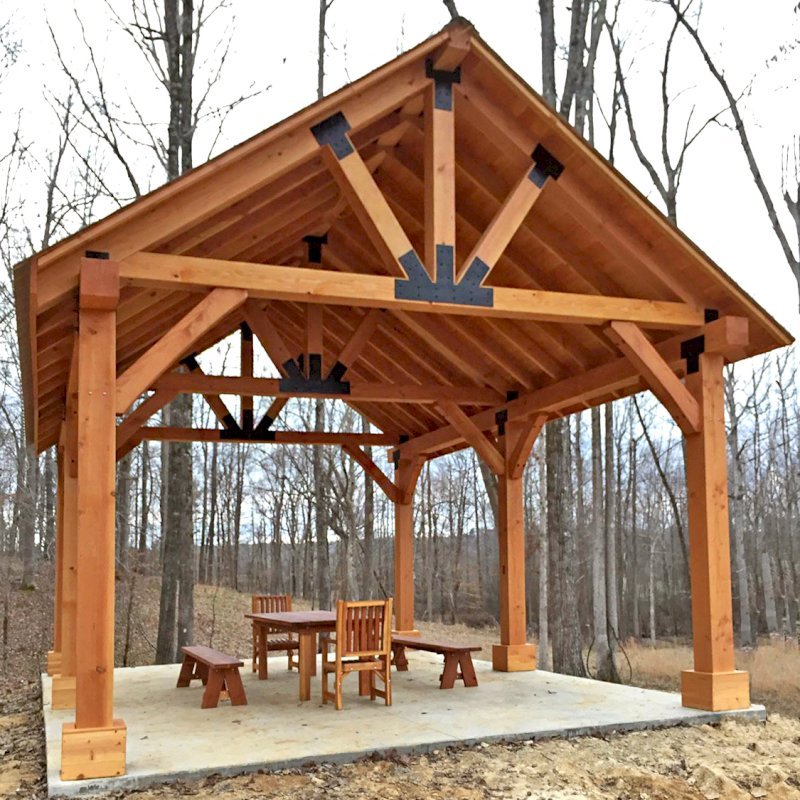 The Thick Timber Toledo Wood Pavilions (Options: 26' L x 20' W, Douglas-fir, 6-Post Anchor Kit for Gale-Wind, Electrical Wiring Trim for 3 Posts, 10 x 10 Supports and Posts, 8 x 8 Rafters, Transparent Premium Sealant). Photo Also Shows a Patio Table Set with Side Benches and End Chairs. Photo Courtesy of M. Turner of Thaxton, MS. The Thick Timber Toledo Wood Pavilions (Options: 26' L x 20' W, Douglas-fir, 6-Post Anchor Kit for Gale-Wind, Electrical Wiring Trim for 3 Posts, 10 x 10 Supports and Posts, 8 x 8 Rafters, Transparent Premium Sealant). Photo Also Shows a Patio Table Set with Side Benches and End Chairs. Photo Courtesy of M. Turner of Thaxton, MS.
