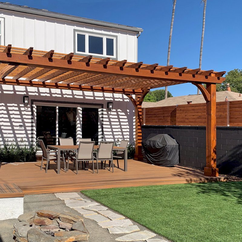 Custom Thick Timber Garden Pergola Built in Western Red Cedar (Options: 23' L x 14' W, Open Roof with Slats at 12", Rafters at 18", 4-Post Anchor Kit for Wood, No Ceiling Fan Base, No Privacy Panels, No Post Decorative Trims, 2 Curtain Rod, Transparent Premium Sealant). Photo Courtesy of B. Barkman of Santa Monica, California. Custom Thick Timber Garden Pergola Built in Western Red Cedar (Options: 23' L x 14' W, Open Roof with Slats at 12", Rafters at 18", 4-Post Anchor Kit for Wood, No Ceiling Fan Base, No Privacy Panels, No Post Decorative Trims, 2 Curtain Rod, Transparent Premium Sealant). Photo Courtesy of B. Barkman of Santa Monica, California.