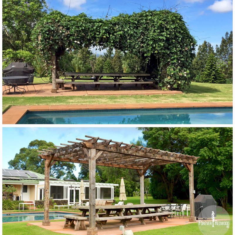These photos are a typical example of Redwood's durability. The Pergola/Table set was installed in early 2008 and aggressive vines grew unimpeded until removed in late 2015. The finish took a beating from the vines and the light powerwashing, but the Redwood is fine after 8 years in Hawaii's moist and hot climate. Customer plans on refinishing in coming weeks. Pergola and Table Made in Old-Growth Redwood. Photo Courtesy of Mr. and Ms. Cole, Maui, HI. These photos are a typical example of Redwood's durability. The Pergola/Table set was installed in early 2008 and aggressive vines grew unimpeded until removed in late 2015. The finish took a beating from the vines and the light powerwashing, but the Redwood is fine after 8 years in Hawaii's moist and hot climate. Customer plans on refinishing in coming weeks. Pergola and Table Made in Old-Growth Redwood. Photo Courtesy of Mr. and Ms. Cole, Maui, HI.