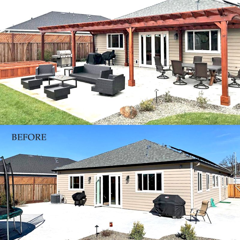 Before - After Installation. The Traditional Wooden Garden Pergola (Options: 42’ L x 16’-3 1/2” W, Old-Growth Redwood by Custom Request, No Electrical Wiring Trim, Open Roof with Slats at 6", Rafters at 18", 8-Post Anchor Kit for Concrete, No Ceiling Fan Base, No Privacy Panels, No Post Decorative Trims, No Curtain Rod, 10' Post Height, Transparent Premium Sealant). Photo Courtesy of D. Menzel of Santa Rosa, CA. Before - After Installation. The Traditional Wooden Garden Pergola (Options: 42’ L x 16’-3 1/2” W, Old-Growth Redwood by Custom Request, No Electrical Wiring Trim, Open Roof with Slats at 6", Rafters at 18", 8-Post Anchor Kit for Concrete, No Ceiling Fan Base, No Privacy Panels, No Post Decorative Trims, No Curtain Rod, 10' Post Height, Transparent Premium Sealant). Photo Courtesy of D. Menzel of Santa Rosa, CA.