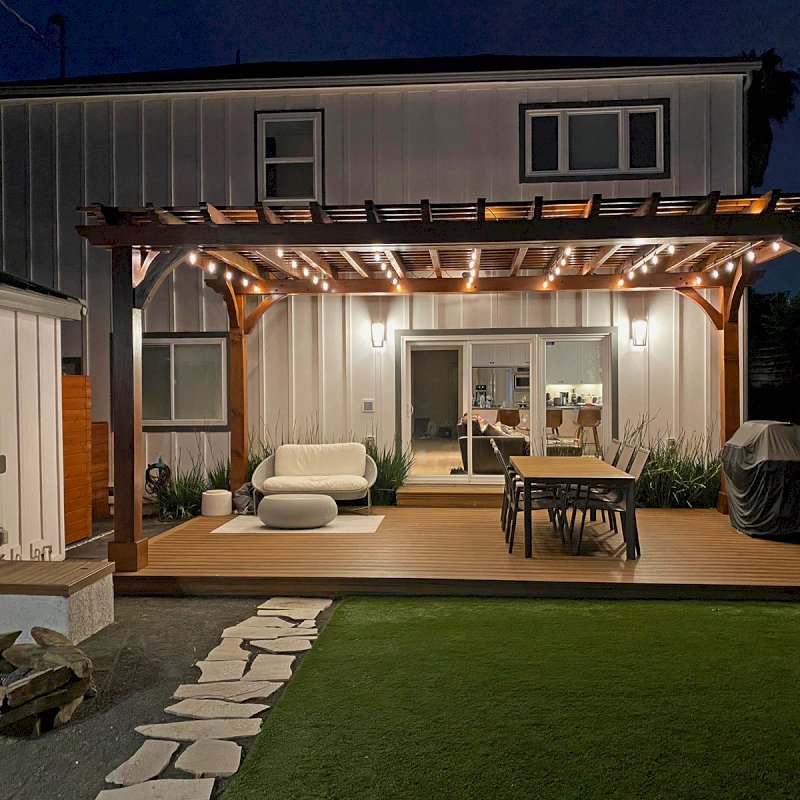 Custom Thick Timber Garden Pergola Built in Western Red Cedar (Options: 23' L x 14' W, Open Roof with Slats at 12", Rafters at 18", 4-Post Anchor Kit for Wood, No Ceiling Fan Base, No Privacy Panels, No Post Decorative Trims, 2 Curtain Rod, Transparent Premium Sealant). Photo Courtesy of B. Barkman of Santa Monica, California. Custom Thick Timber Garden Pergola Built in Western Red Cedar (Options: 23' L x 14' W, Open Roof with Slats at 12", Rafters at 18", 4-Post Anchor Kit for Wood, No Ceiling Fan Base, No Privacy Panels, No Post Decorative Trims, 2 Curtain Rod, Transparent Premium Sealant). Photo Courtesy of B. Barkman of Santa Monica, California.