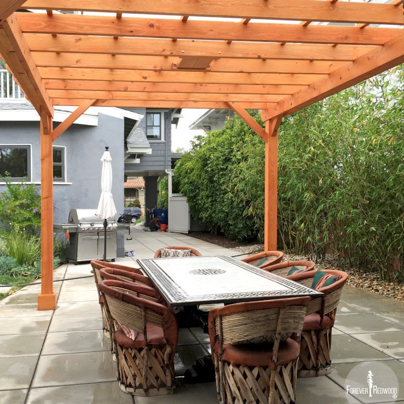 The Traditional Wooden Garden Pergola (Options: 15' L x 12' W, Douglas-fir, Electrical Wiring Trim for 1 Post, Open Roof with Slats at 18", Rafters at 18", Lengthwise Roof Support Timbers, 6-Post Anchor Kit for Concrete, 1 Ceiling Fan Base, No Privacy Panels, No Curtain Rods, 9' Post Height, Transparent Premium Sealant). Photo Courtesy of L. Martling of Los Angeles, CA. The Traditional Wooden Garden Pergola (Options: 15' L x 12' W, Douglas-fir, Electrical Wiring Trim for 1 Post, Open Roof with Slats at 18", Rafters at 18", Lengthwise Roof Support Timbers, 6-Post Anchor Kit for Concrete, 1 Ceiling Fan Base, No Privacy Panels, No Curtain Rods, 9' Post Height, Transparent Premium Sealant). Photo Courtesy of L. Martling of Los Angeles, CA.
