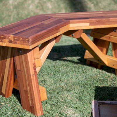 The V-Wing Benches (Options: 36 inches, Mosaic Redwood, No Engraving, Transparent Premium Sealant).