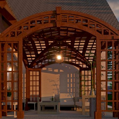 Render of The Victorian Arch Trellis Pergola (Options: 16' L x 12' W, No Rain Guard).