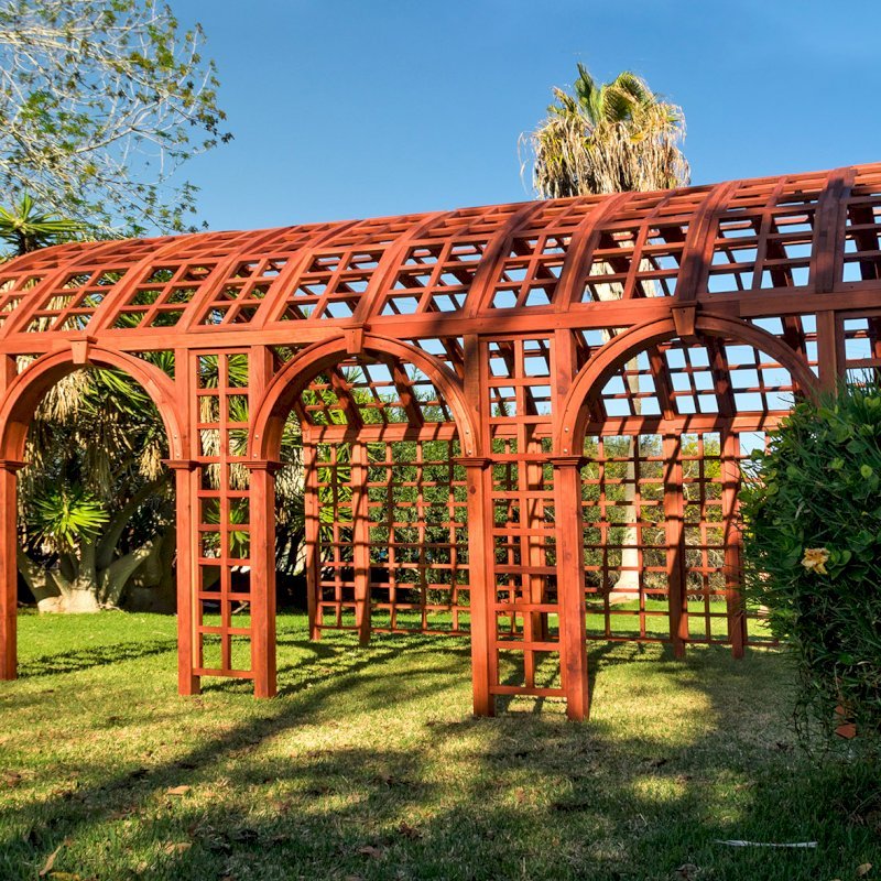 The Victorian Trellis (Options: 22' L x 14' W, Combination of Arcs and Lattice Panels, Mature Redwood, No Rain Guard, 9' Post Height, No Electrical Wiring Trim, No Ceiling Fan Base, Transparent Premium Sealant). The Victorian Trellis (Options: 22' L x 14' W, Combination of Arcs and Lattice Panels, Mature Redwood, No Rain Guard, 9' Post Height, No Electrical Wiring Trim, No Ceiling Fan Base, Transparent Premium Sealant).