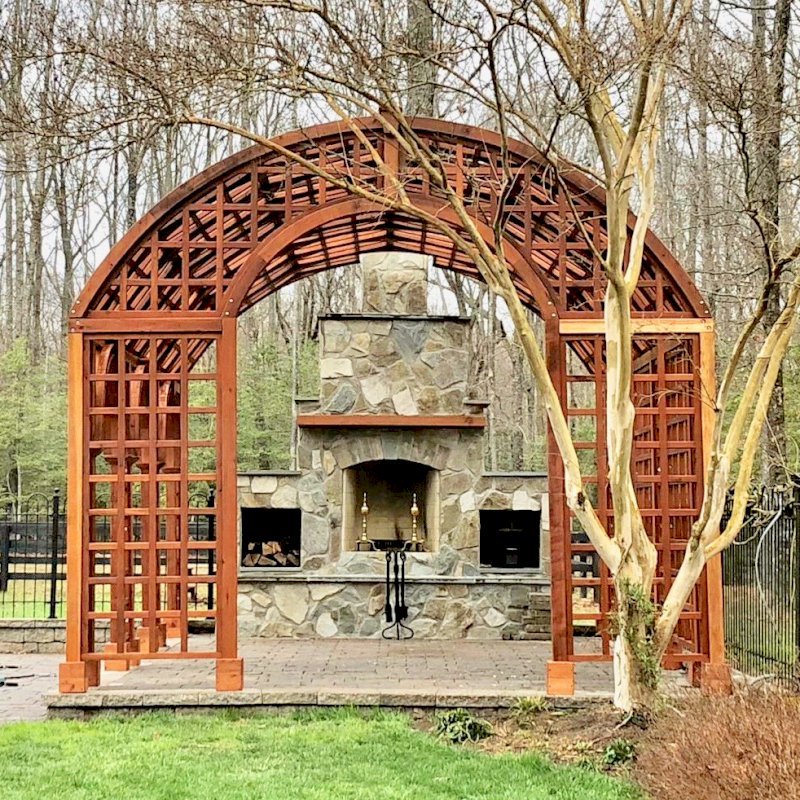 The Victorian Trellis (Options: 22' L x 14' W, Combination of Arcs and Lattice Panels, Mature Redwood, No Rain Guard, 9' Post Height, No Electrical Wiring Trim, 4-Post Anchor Kit for Stone, No Ceiling Fan Base, Transparent Premium Sealant). The Victorian Trellis (Options: 22' L x 14' W, Combination of Arcs and Lattice Panels, Mature Redwood, No Rain Guard, 9' Post Height, No Electrical Wiring Trim, 4-Post Anchor Kit for Stone, No Ceiling Fan Base, Transparent Premium Sealant).