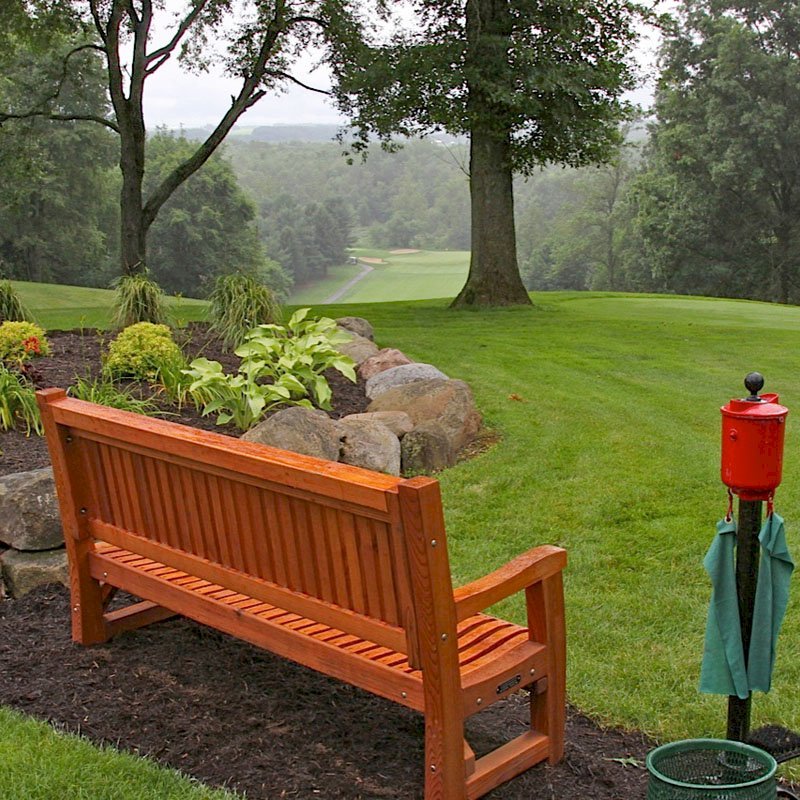 Tee at Mohican Hills Golf Club No. 12. Ti Amo Benches (Options: 6 ft, Mature Redwood, No Cushion, No Engraving, Custom Plaque Provided by Customer, Transparent Premium Sealant). Photo Courtesy of Fox Family. Tee at Mohican Hills Golf Club No. 12. Ti Amo Benches (Options: 6 ft, Mature Redwood, No Cushion, No Engraving, Custom Plaque Provided by Customer, Transparent Premium Sealant). Photo Courtesy of Fox Family.