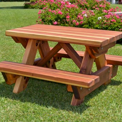 Toddler Wooden Rectangular Picnic Table (Options: Toddler's Size, Redwood, No Umbrella Hole, Standard Tabletop, Transparent Premium Sealant). Kids tables come standard with attached benches and rounded corners.