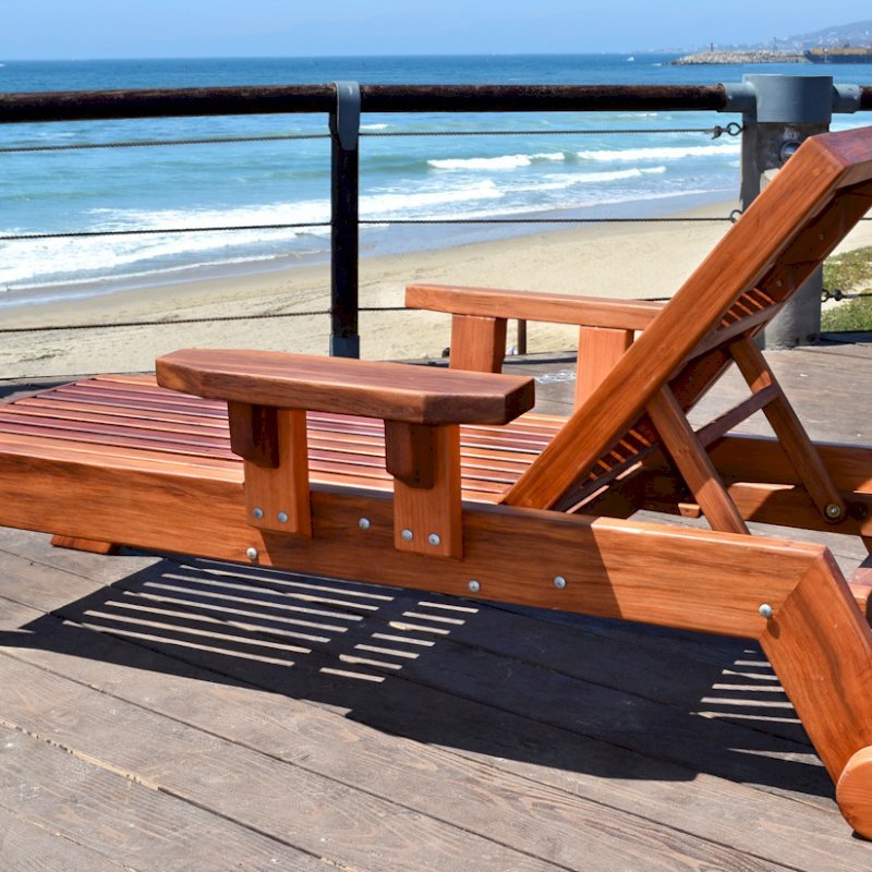 Tony's Wooden Deck Lounger (Options: Single, Standard 74", Mature Redwood, Snack Tray on Right Side , 15.5" H, Include Wooden Wheels, No Cushion, Transparent Premium Sealant). Tony's Wooden Deck Lounger (Options: Single, Standard 74", Mature Redwood, Snack Tray on Right Side , 15.5" H, Include Wooden Wheels, No Cushion, Transparent Premium Sealant).