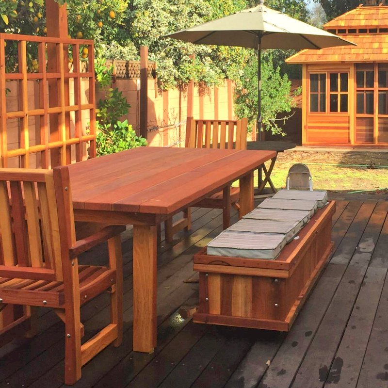 Traditional Wooden Storage Bench (Options: 72 L x 20 W x 18 H inches, Redwood, Split Seat, Add Pistons, No Engraving, Transparent Premium Sealant). Photo Also Shows a Dream Gazebo, a San Francisco Patio Table Set and Some Custom Mendocino Planters with Trellis and Seating Ledge. Photo Courtesy of Tina Phi of Palo Alto, CA. Traditional Wooden Storage Bench (Options: 72 L x 20 W x 18 H inches, Redwood, Split Seat, Add Pistons, No Engraving, Transparent Premium Sealant). Photo Also Shows a Dream Gazebo, a San Francisco Patio Table Set and Some Custom Mendocino Planters with Trellis and Seating Ledge. Photo Courtesy of Tina Phi of Palo Alto, CA.