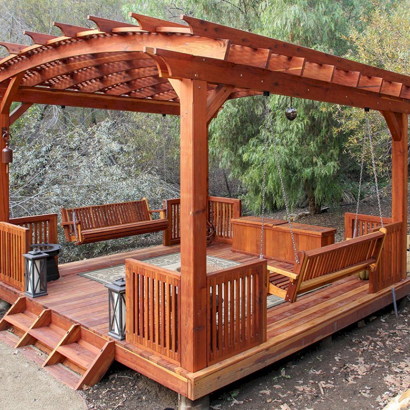 Traditional Wooden Storage Bench (Options: 79 1/2 L x 24 W x 24 H inches, Redwood, Split Seat, Add Pistons, No Engraving, Transparent Premium Sealant). Photo Also Shows a Bench Swing Seat Attached to an Arched Pergola with Deck and Custom Rails. Photo Courtesy of Bob P. of Westlake Village, CA. Traditional Wooden Storage Bench (Options: 79 1/2 L x 24 W x 24 H inches, Redwood, Split Seat, Add Pistons, No Engraving, Transparent Premium Sealant). Photo Also Shows a Bench Swing Seat Attached to an Arched Pergola with Deck and Custom Rails. Photo Courtesy of Bob P. of Westlake Village, CA.