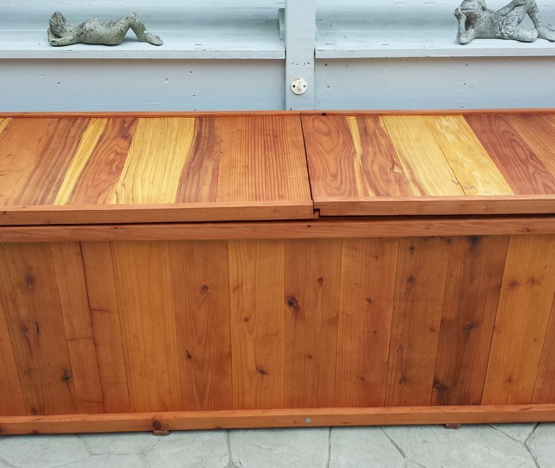 Traditional Wooden Storage Bench (Options: 96 L x 24 W x 27 H inches, Redwood, Split Seat, Add Pistons, No Engraving, Transparent Premium Sealant). Photo Courtesy of Jim Lefebvre of Danbury, Connecticut. Traditional Wooden Storage Bench (Options: 96 L x 24 W x 27 H inches, Redwood, Split Seat, Add Pistons, No Engraving, Transparent Premium Sealant). Photo Courtesy of Jim Lefebvre of Danbury, Connecticut.