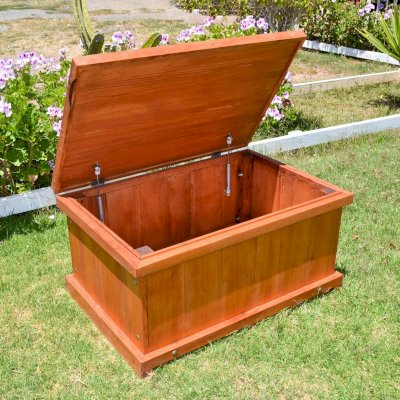 Traditional Wooden Storage Bench (Options: 36 L x 24 W x 17 H inches, Mature Redwood, Single Flap, Add Pistons, No Engraving, Transparent Premium Sealant).