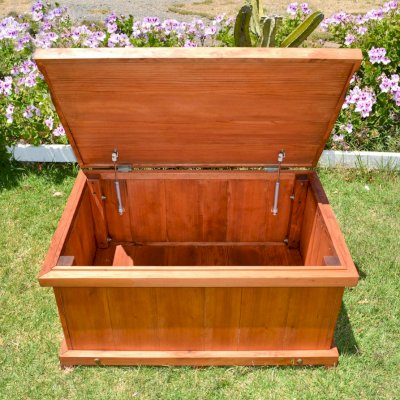 Traditional Wooden Storage Bench (Options: 36 L x 24 W x 17 H inches, Mature Redwood, Single Flap, Add pistons, No Engraving, Transparent Premium Sealant). 