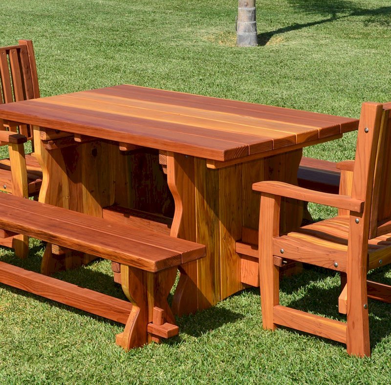 Trestle Natural Wood Outdoor Table (Options: 5' L, 34 1/2'' W Tabletop, Benches & End Armchairs, Redwood, Standard Tabletop, Slightly Rounded Corners, Ruth Chairs, 1 Full Length Side Benche Per Side, No Umbrella Hole, Transparent Premium Sealant). Trestle Natural Wood Outdoor Table (Options: 5' L, 34 1/2'' W Tabletop, Benches & End Armchairs, Redwood, Standard Tabletop, Slightly Rounded Corners, Ruth Chairs, 1 Full Length Side Benche Per Side, No Umbrella Hole, Transparent Premium Sealant).