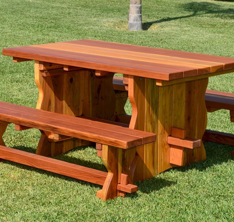 Trestle Natural Wood Outdoor Table (Options: 5' L, 34 1/2'' W Tabletop, Side Benches, Redwood, Standard Tabletop, No Umbrella Hole, Slightly Rounded Corners, 1 Full Length Side Benche Per Side, Transparent Premium Sealant). Trestle Natural Wood Outdoor Table (Options: 5' L, 34 1/2'' W Tabletop, Side Benches, Redwood, Standard Tabletop, No Umbrella Hole, Slightly Rounded Corners, 1 Full Length Side Benche Per Side, Transparent Premium Sealant).