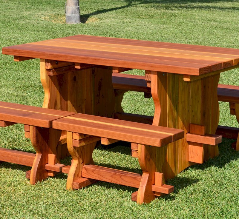 Trestle Natural Wood Outdoor Table (Options: 5' L, 34 1/2'' W Tabletop, Side Benches, Redwood, Standard Tabletop, No Umbrella Hole, Slightly Rounded Corners, 2 Half Length Side Benches Per Side, Transparent Premium Sealant). Trestle Natural Wood Outdoor Table (Options: 5' L, 34 1/2'' W Tabletop, Side Benches, Redwood, Standard Tabletop, No Umbrella Hole, Slightly Rounded Corners, 2 Half Length Side Benches Per Side, Transparent Premium Sealant).