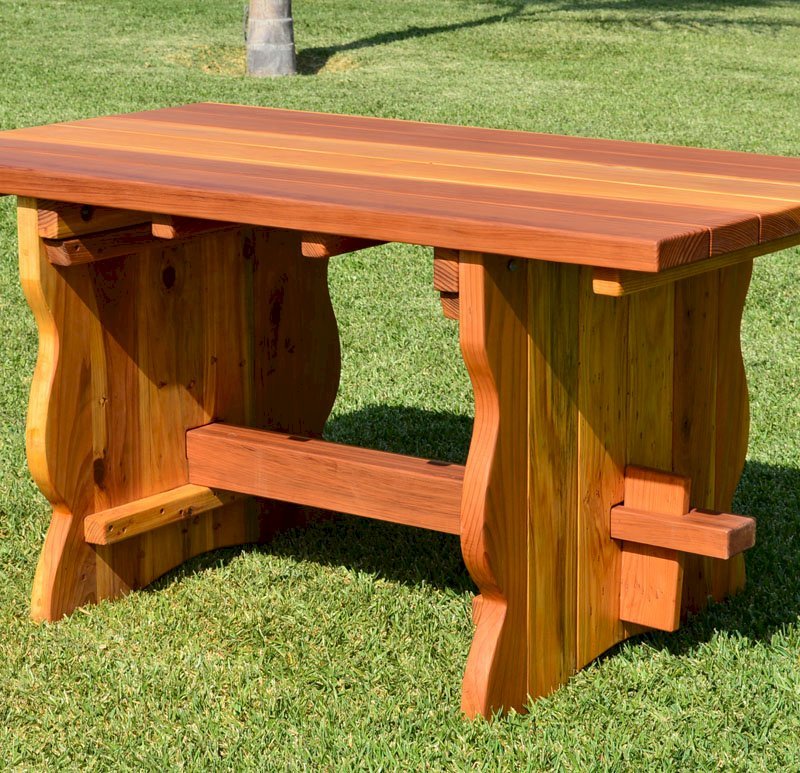 Trestle Natural Wood Outdoor Table (Options: 5' L, 34 1/2'' W Tabletop, No Seating, Redwood, Standard Tabletop, Slightly Rounded Corners, No Umbrella Hole, Transparent Premium Sealant). Trestle Natural Wood Outdoor Table (Options: 5' L, 34 1/2'' W Tabletop, No Seating, Redwood, Standard Tabletop, Slightly Rounded Corners, No Umbrella Hole, Transparent Premium Sealant).