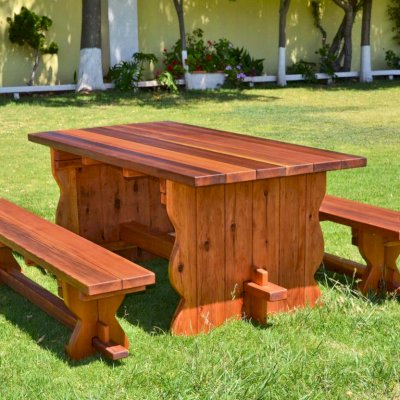 Trestle Natural Wood Outdoor Table (Options: 6' L, 34 1/2'' W Tabletop, Side Benches, Redwood, Standard Tabletop, Squared Corners, 1 Full Length Side Benche Per Side, No Umbrella Hole, Transparent Premium Sealant). 
