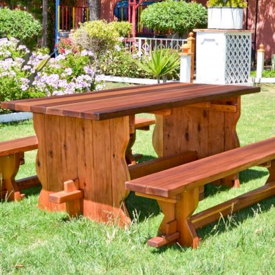 Trestle Natural Wood Outdoor Table (Options: 6' L, 34 1/2'' W Tabletop, Side Benches, Redwood, Standard Tabletop, Squared Corners, 1 Full Length Side Benche Per Side, No Umbrella Hole, Transparent Premium Sealant). 