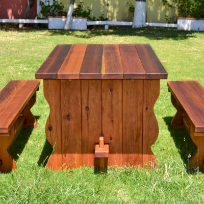Trestle Natural Wood Outdoor Table (Options: 6' L, 34 1/2'' W Tabletop, Side Benches, Redwood, Standard Tabletop, Squared Corners, 1 Full Length Side Benche Per Side, No Umbrella Hole, Transparent Premium Sealant).