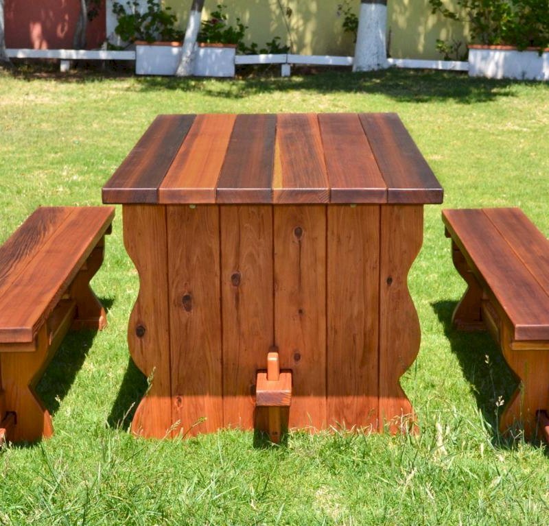 Trestle Natural Wood Outdoor Table (Options: 6' L, 34 1/2'' W Tabletop, Side Benches, Redwood, Standard Tabletop, Squared Corners, 1 Full Length Side Benche Per Side, No Umbrella Hole, Transparent Premium Sealant). Trestle Natural Wood Outdoor Table (Options: 6' L, 34 1/2'' W Tabletop, Side Benches, Redwood, Standard Tabletop, Squared Corners, 1 Full Length Side Benche Per Side, No Umbrella Hole, Transparent Premium Sealant).