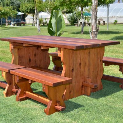 Trestle Natural Wood Outdoor Table (Options: 6' L, 34 1/2'' W Tabletop, Side Benches, Redwood, Standard Tabletop, Squared Corners, 2 Half Length Side Benche Per Side, No Umbrella Hole, Transparent Premium Sealant). 